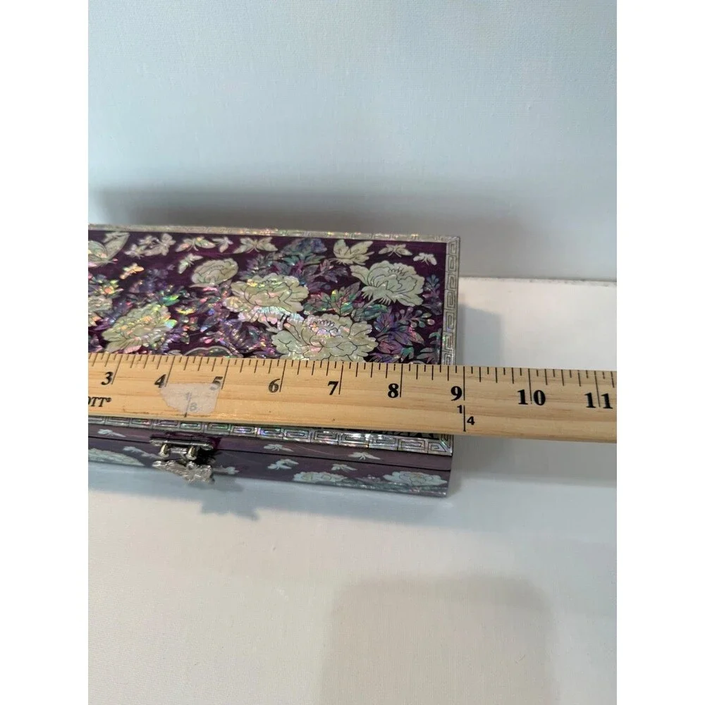 Handmade Korean Mother of Pearl Peony Jewelry Box Wooden Mirror Case Purple